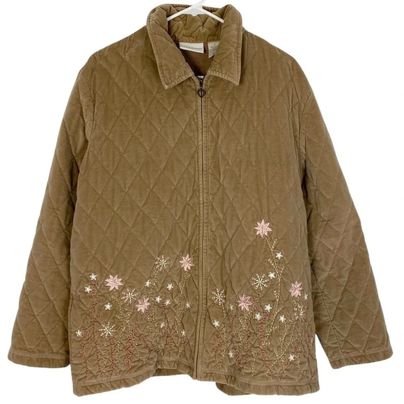 Vintage 90s Quilted Jacket WomenPlus Size 16 Tan Velvet Pink Embroidered Floral - Picture 1 of 13